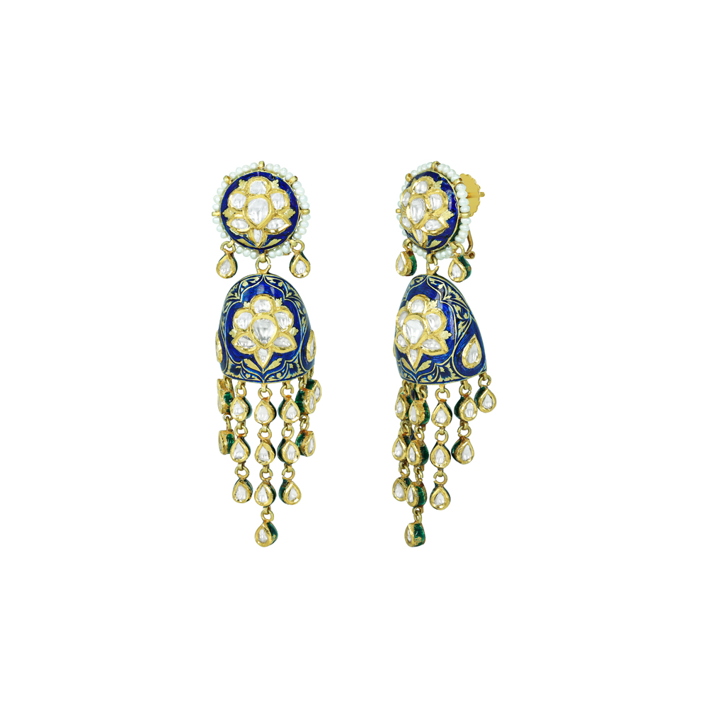 Polki Earrings with Blue Enamel Floral Motifs and Pearl Drops